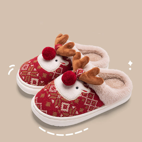 Cute Christmas Elk Plush Slippers - Non-slip Winter Home Shoes for Women