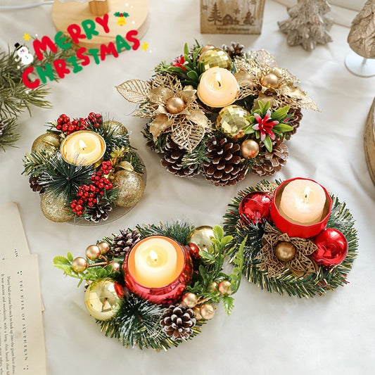 Christmas Metal Candle Holder with Wreath & Pinecones - Table Decor