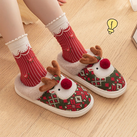 Cute Christmas Elk Plush Slippers - Non-slip Winter Home Shoes for Women