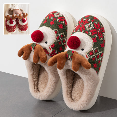 Cute Christmas Elk Plush Slippers - Non-slip Winter Home Shoes for Women