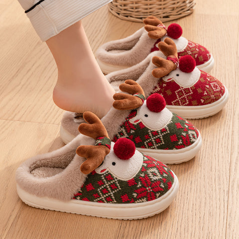 Cute Christmas Elk Plush Slippers - Non-slip Winter Home Shoes for Women