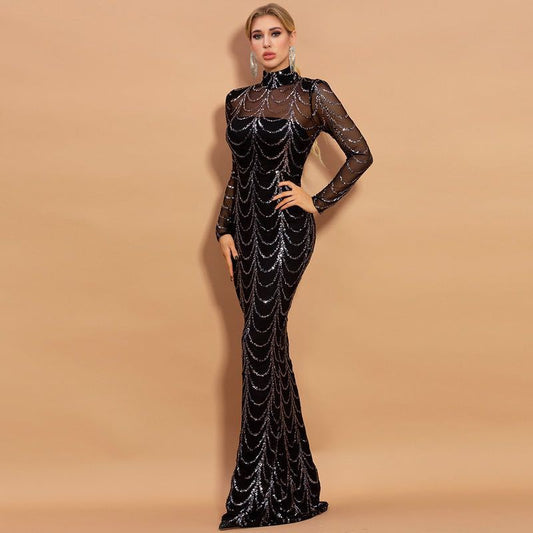 Sequins Women Maxi Dresses Long Sleeve Female Party Dresses