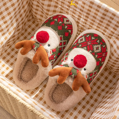 Cute Christmas Elk Plush Slippers - Non-slip Winter Home Shoes for Women