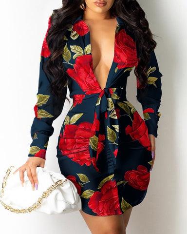 Long Sleeve V-neck Printed Tie Shirt Dress Women