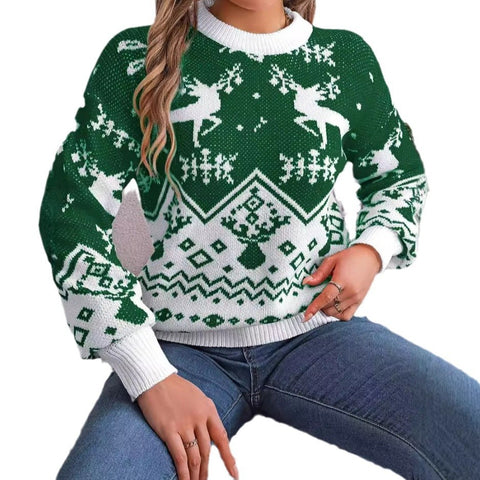 2025 New Year Deer Pattern Hoodie - Women's Christmas Knitted Sweater