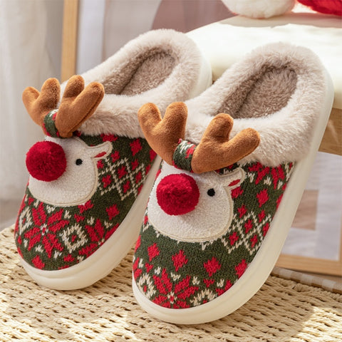 Cute Christmas Elk Plush Slippers - Non-slip Winter Home Shoes for Women