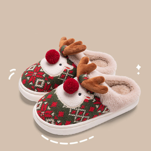 Cute Christmas Elk Plush Slippers - Non-slip Winter Home Shoes for Women